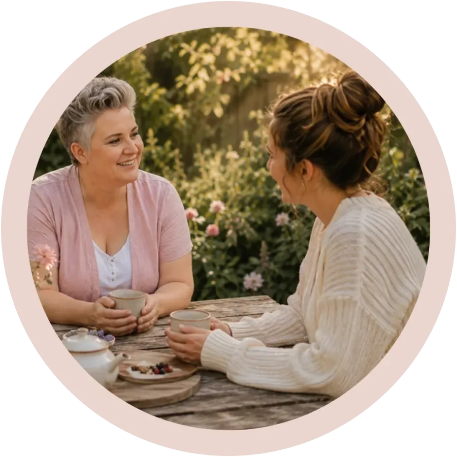 Alexa Enderli im Kennenlerngespräch mit einer Mutter bei einer Tasse Tee im Garten