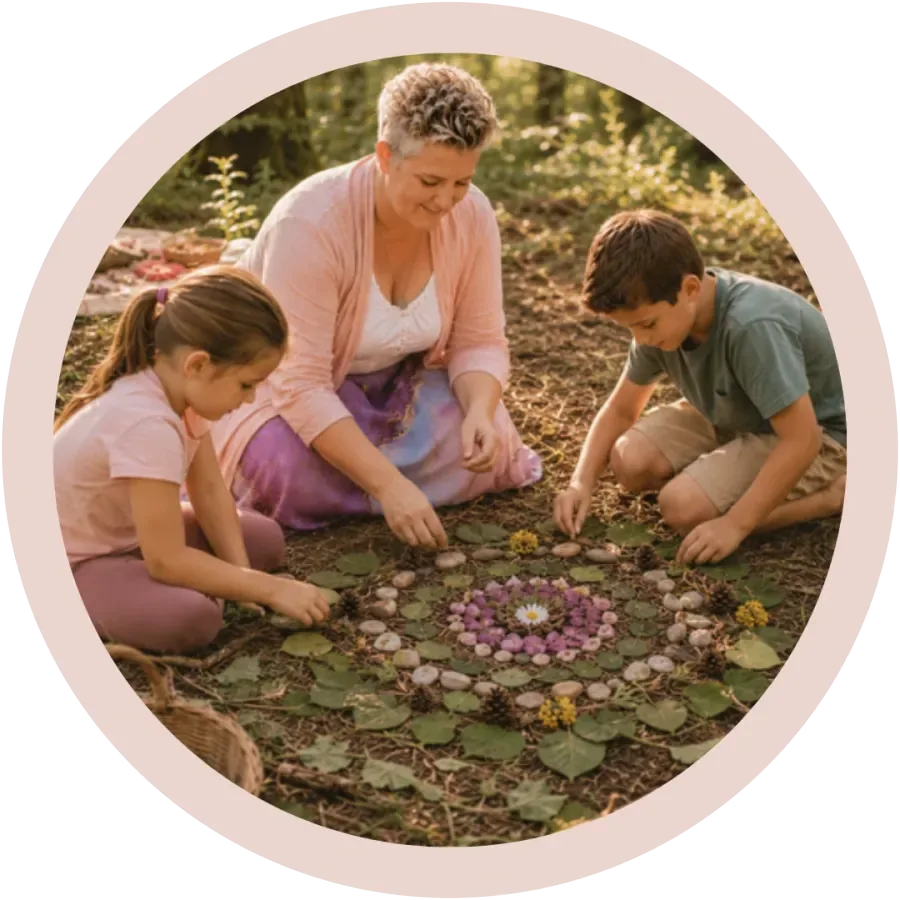 Alexa Enderli legt mit zwei Kindern im Wald ein Mandala aus Blättern, Steinen und Blüten, spielerisches Lernen mit Naturmaterialien